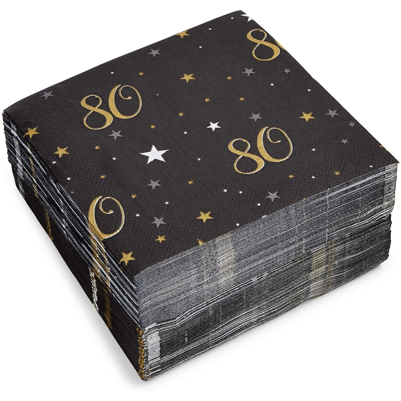 100 Pack Bulk Happy 80th Birthday Napkins for Party Decorations, 2-Ply, Black and Gold (6.5 x 6.5 In)